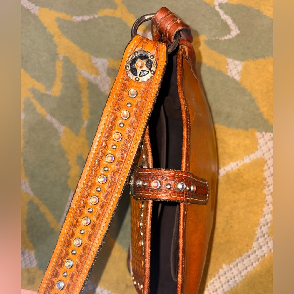 Double J Saddlery Hand-Tooled Leather Cowhide Crystal Western Shoulder Bag - Picture 13 of 16